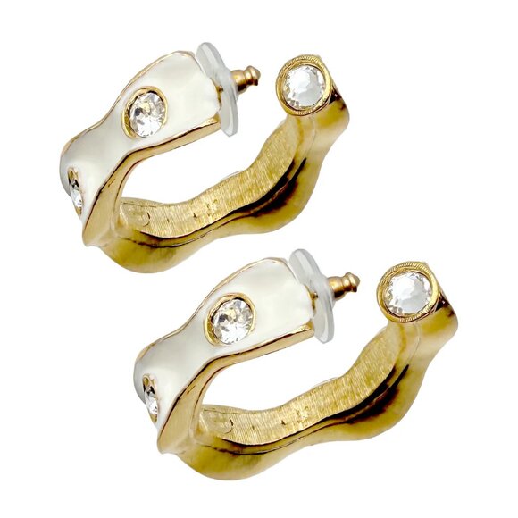 Kenneth Jay Lane 22k Gold Plated White Enamel Hoop Earrings with Crystals - Picture 7 of 9